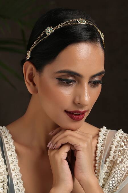 Paisley Pop_Gold Kundan Pearl Layered Chain Headband_Online_at_Aza_Fashions