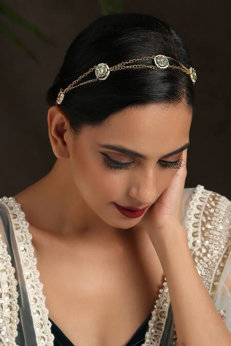 Buy_Paisley Pop_Gold Kundan Pearl Layered Chain Headband_Online_at_Aza_Fashions