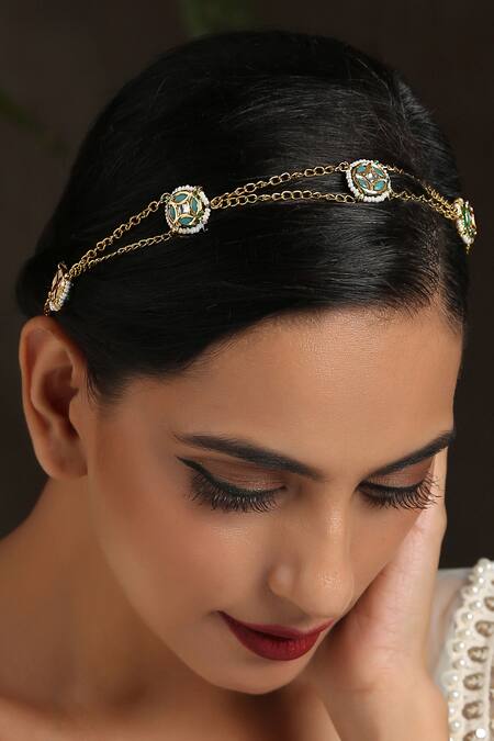 Shop_Paisley Pop_Gold Kundan Pearl Layered Chain Headband_Online_at_Aza_Fashions