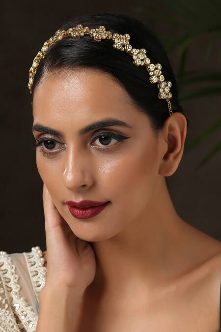 Paisley Pop_Gold Pearls, Rhinestones Kundan Floral Headband _Online_at_Aza_Fashions
