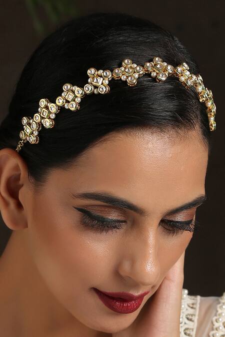 Shop_Paisley Pop_Gold Pearls, Rhinestones Kundan Floral Headband _Online_at_Aza_Fashions