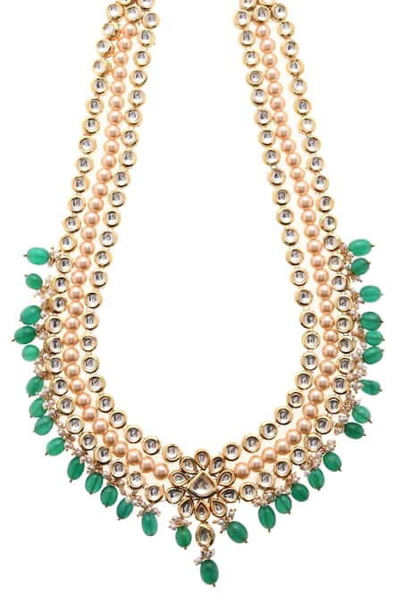 Paisley Pop_Gold Plated Pearl Kundan Layered Necklace _Online_at_Aza_Fashions