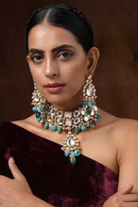 Shop Paisley Pop Gold Plated Stones, Beads, Diamonds Kundan Choker Set at Aza Fashions Shop_Paisley Pop_Gold Plated Stones, Beads, Diamonds Kundan Choker Set _at_Aza_Fashions