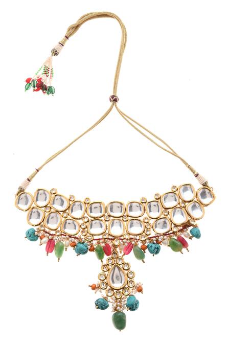 Paisley Pop_Gold Plated Stones, Beads, Diamonds Kundan Choker Set _Online_at_Aza_Fashions