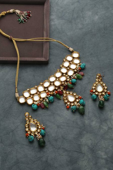 Buy_Paisley Pop_Gold Plated Stones, Beads, Diamonds Kundan Choker Set _Online_at_Aza_Fashions