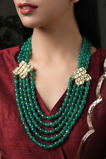 Paisley Pop_Gold Plated Bead Kundan Layered Necklace _Online_at_Aza_Fashions