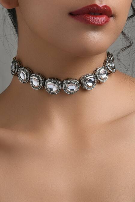 Buy_Paisley Pop_Silver Plated Crystal Polki Choker_Online_at_Aza_Fashions