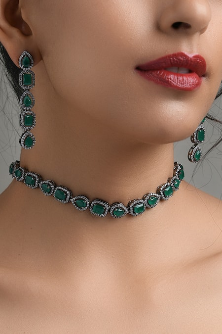 Shop_Paisley Pop_Gold Plated Crystals, Stones, Zari Choker Set _Online_at_Aza_Fashions