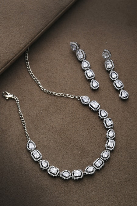 Buy_Paisley Pop_Silver Plated Crystals, Stones Choker Set _Online_at_Aza_Fashions