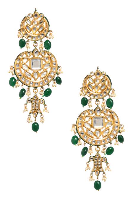 Paisley Pop_Gold Plated Stone Kundan Long Pendant Necklace Set_at_Aza_Fashions