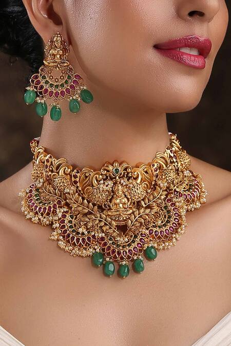 Paisley Pop Gold Plated Pearls, Stones Temple Choker Set Online at Aza Fashions Paisley Pop_Gold Plated Pearls, Stones Temple Choker Set_Online_at_Aza_Fashions