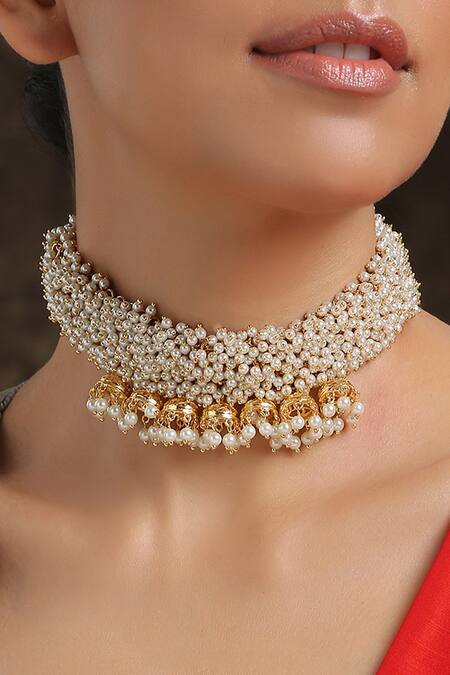 Paisley Pop_Gold Plated Handcrafted Jhumka Drop Bead Choker Necklace_Online_at_Aza_Fashions