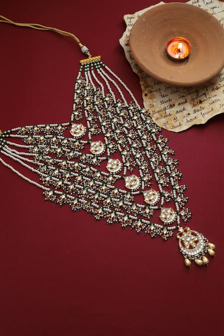 Shop_Paisley Pop_Gold Plated Kundan Maanika Bead Layered Necklace_at_Aza_Fashions
