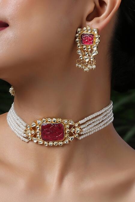 Paisley Pop_Gold Plated Stone Pendant Choker Necklace Set _at_Aza_Fashions