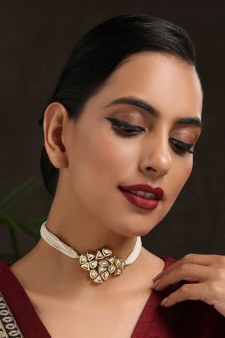 Paisley Pop_Gold Plated Kundan Pearl Choker Necklace _Online_at_Aza_Fashions