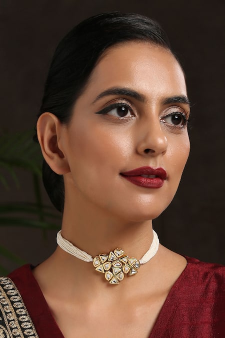 Buy_Paisley Pop_Gold Plated Kundan Pearl Choker Necklace _Online_at_Aza_Fashions