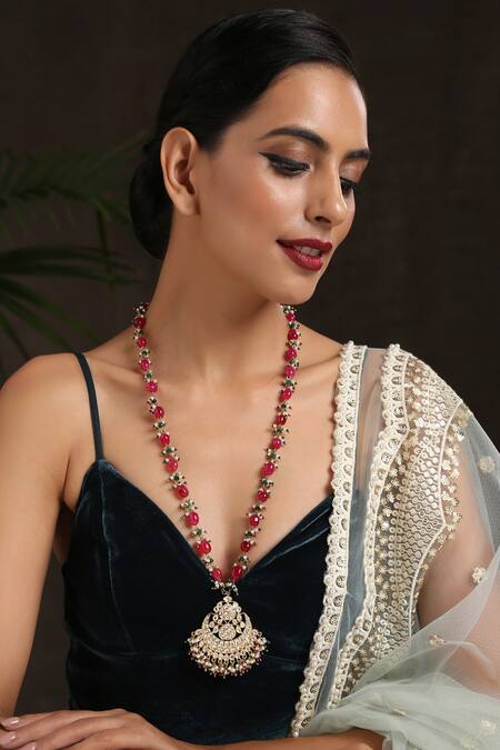 Paisley Pop_Gold Plated Stone Kundan Crescent Moon Pendant Necklace _Online_at_Aza_Fashions