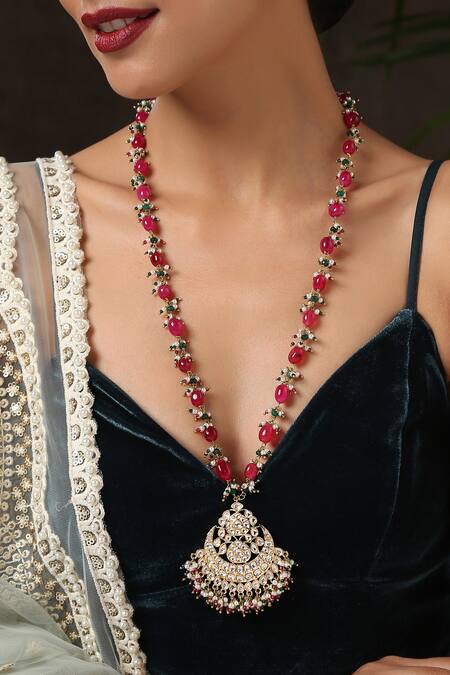 Shop_Paisley Pop_Gold Plated Stone Kundan Crescent Moon Pendant Necklace _Online_at_Aza_Fashions