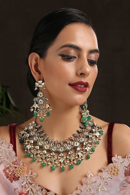 Paisley Pop_Gold Plated Stones, Beads Peacock Necklace Jewellery Set _Online_at_Aza_Fashions