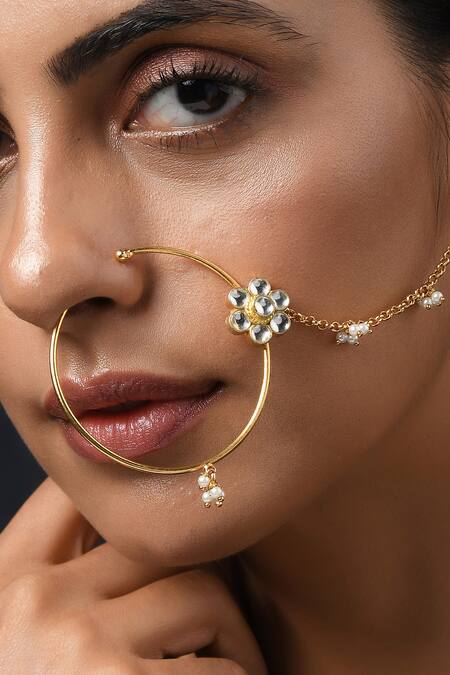 Paisley Pop_Gold Plated Bead Kundan Nath_Online_at_Aza_Fashions