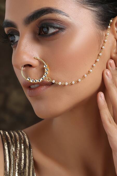 Paisley Pop_Gold Plated Crystals, Beads Kundan Nose Ring With Chain _Online_at_Aza_Fashions