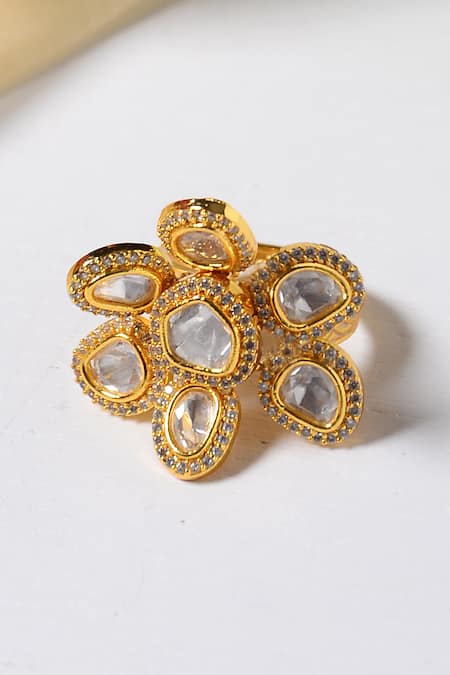 Shop Paisley Pop Gold Plated Stones Floral Ring at Aza Fashions Shop_Paisley Pop_Gold Plated Stones Floral Ring _at_Aza_Fashions