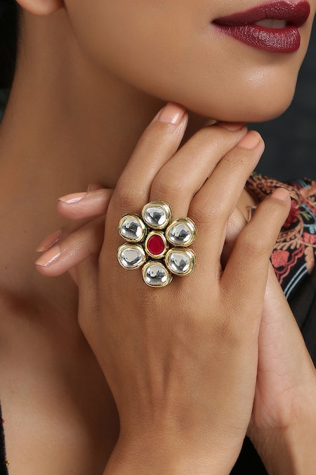 Paisley Pop_Gold Plated Stone Handcrafted Kundan Floral Ring _Online_at_Aza_Fashions