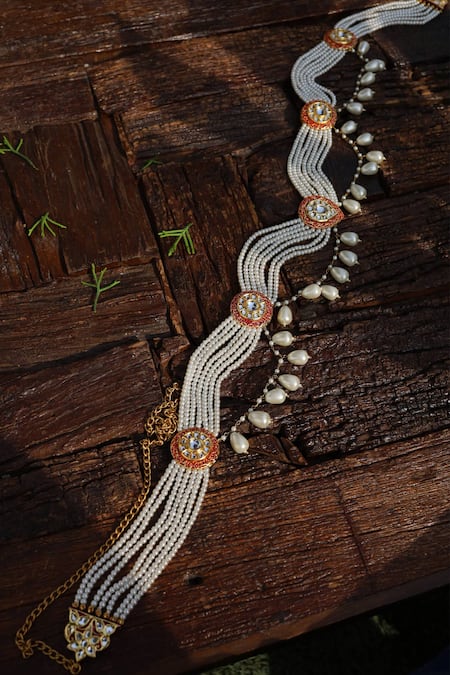 Shop Paisley Pop Gold Pearls, Metallic Thread Handcrafted Bead Layered Kundan Meenakari Belt at Aza Fashions Shop_Paisley Pop_Gold Pearls, Metallic Thread Handcrafted Bead Layered Kundan Meenakari Belt _at_Aza_Fashions