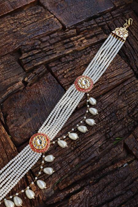 Paisley Pop Gold Pearls, Metallic Thread Handcrafted Bead Layered Kundan Meenakari Belt Online at Aza Fashions Paisley Pop_Gold Pearls, Metallic Thread Handcrafted Bead Layered Kundan Meenakari Belt _Online_at_Aza_Fashions