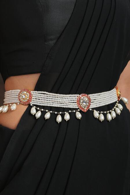 Buy Paisley Pop Gold Pearls, Metallic Thread Handcrafted Bead Layered Kundan Meenakari Belt Online at Aza Fashions Buy_Paisley Pop_Gold Pearls, Metallic Thread Handcrafted Bead Layered Kundan Meenakari Belt _Online_at_Aza_Fashions