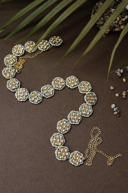 Shop Paisley Pop Gold Pearls Polki Floral Belt at Aza Fashions Shop_Paisley Pop_Gold Pearls Polki Floral Belt _at_Aza_Fashions