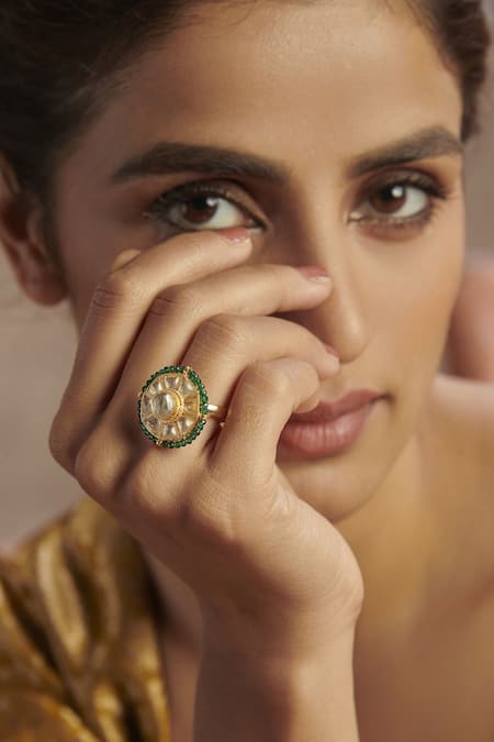 Paisley Pop_Green Stones Gold Plated Kundan Ring _Online_at_Aza_Fashions