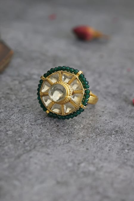 Buy_Paisley Pop_Green Stones Gold Plated Kundan Ring _Online_at_Aza_Fashions