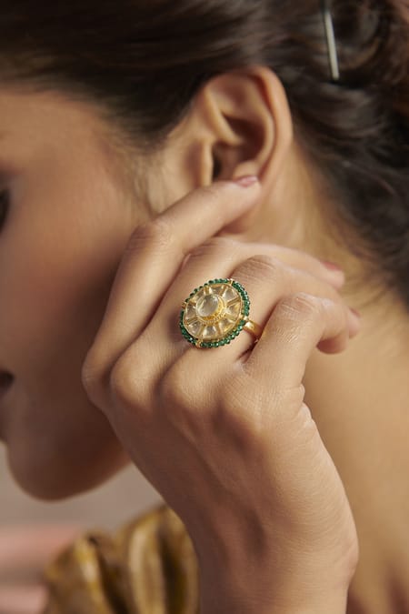 Shop_Paisley Pop_Green Stones Gold Plated Kundan Ring _Online_at_Aza_Fashions