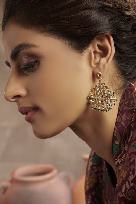 Paisley Pop_Gold Plated Pearls Kundan Floral Chandbali Earrings _Online_at_Aza_Fashions