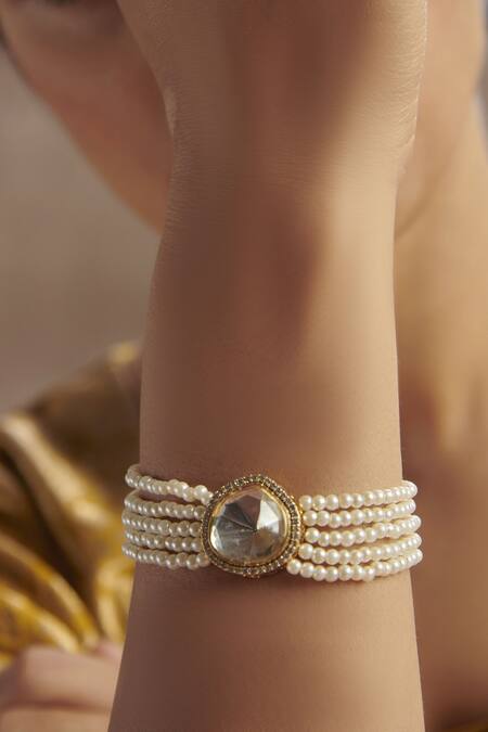 Paisley Pop_Gold Plated Pearls, Crystals, Diamonds Victorian Polki Bracelet_Online_at_Aza_Fashions