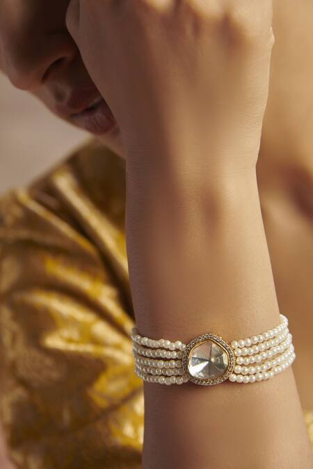 Buy_Paisley Pop_Gold Plated Pearls, Crystals, Diamonds Victorian Polki Bracelet_Online_at_Aza_Fashions