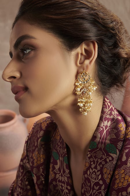 Paisley Pop_Gold Plated Kundan Pearl Earrings _Online_at_Aza_Fashions