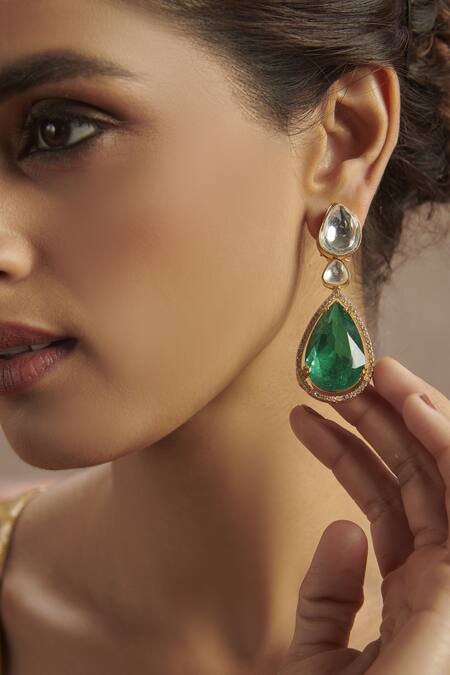 Paisley Pop_Green Emeralds Polki Danglers And Drops  _Online_at_Aza_Fashions