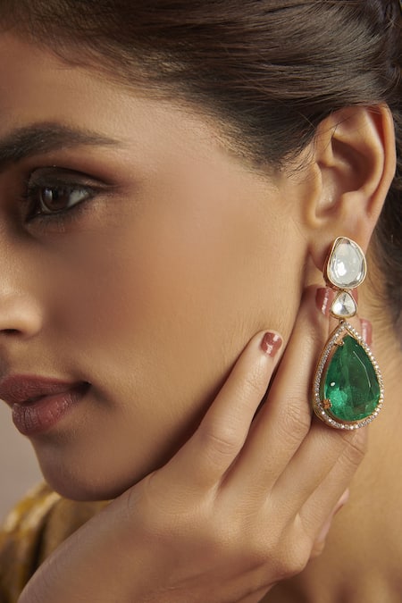 Buy_Paisley Pop_Green Emeralds Polki Danglers And Drops  _Online_at_Aza_Fashions