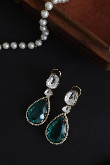 Shop_Paisley Pop_Green Emeralds Polki Danglers And Drops  _Online_at_Aza_Fashions