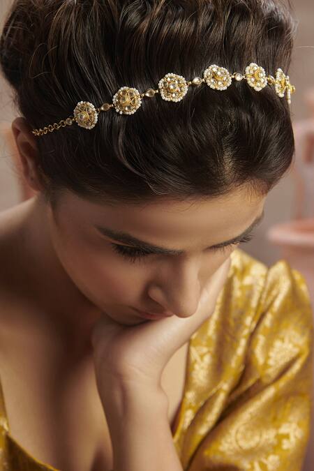 Paisley Pop_Gold Plated Beads, Embroidery Floral Kundan Embellished Mathapatti _Online_at_Aza_Fashions