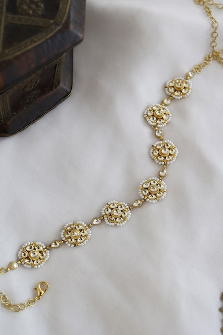 Shop_Paisley Pop_Gold Plated Beads, Embroidery Floral Kundan Embellished Mathapatti _Online_at_Aza_Fashions