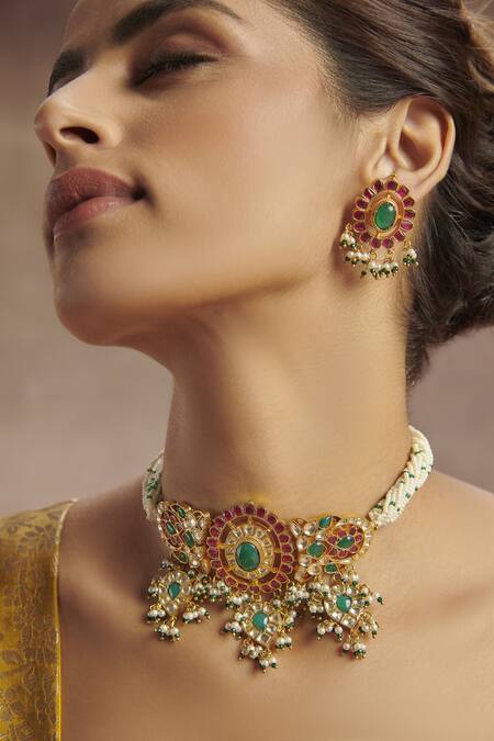 Paisley Pop_Pink Kundan Choker Necklace Set_Online_at_Aza_Fashions