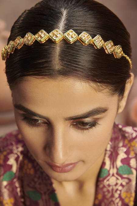 Paisley Pop_Gold Plated Kundans Embellished Mathapatti _Online_at_Aza_Fashions