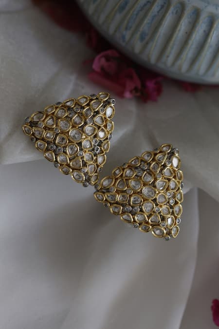 Buy_Paisley Pop_Gold Plated Fabric Flowers, Diamonds Victorian Uncut Polki Studs _Online_at_Aza_Fashions