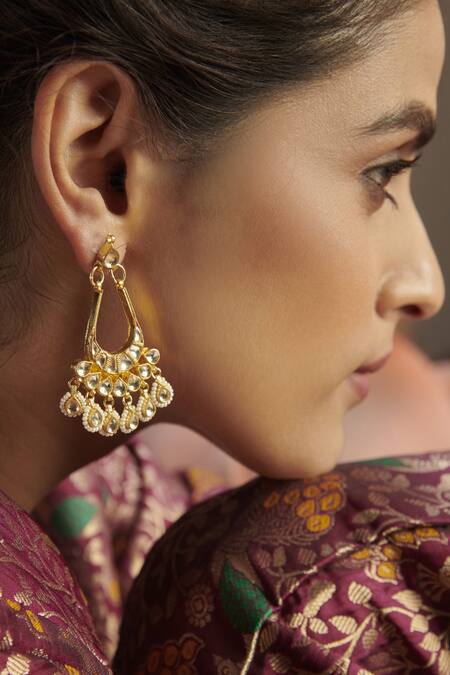 Paisley Pop_Gold Plated Kundan Chandbali Earrings_Online_at_Aza_Fashions