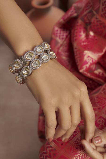 Paisley Pop Silver Plated Diamonds, Stones Victorian Polki Bangles - Set Of 2 Online at Aza Fashions Paisley Pop_Silver Plated Diamonds, Stones Victorian Polki Bangles - Set Of 2 _Online_at_Aza_Fashions