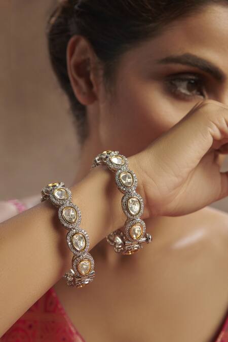 Buy Paisley Pop Silver Plated Diamonds, Stones Victorian Polki Bangles - Set Of 2 Online at Aza Fashions Buy_Paisley Pop_Silver Plated Diamonds, Stones Victorian Polki Bangles - Set Of 2 _Online_at_Aza_Fashions