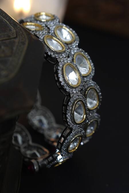 Shop Paisley Pop Silver Plated Diamonds, Stones Victorian Polki Bangles - Set Of 2 Online at Aza Fashions Shop_Paisley Pop_Silver Plated Diamonds, Stones Victorian Polki Bangles - Set Of 2 _Online_at_Aza_Fashions